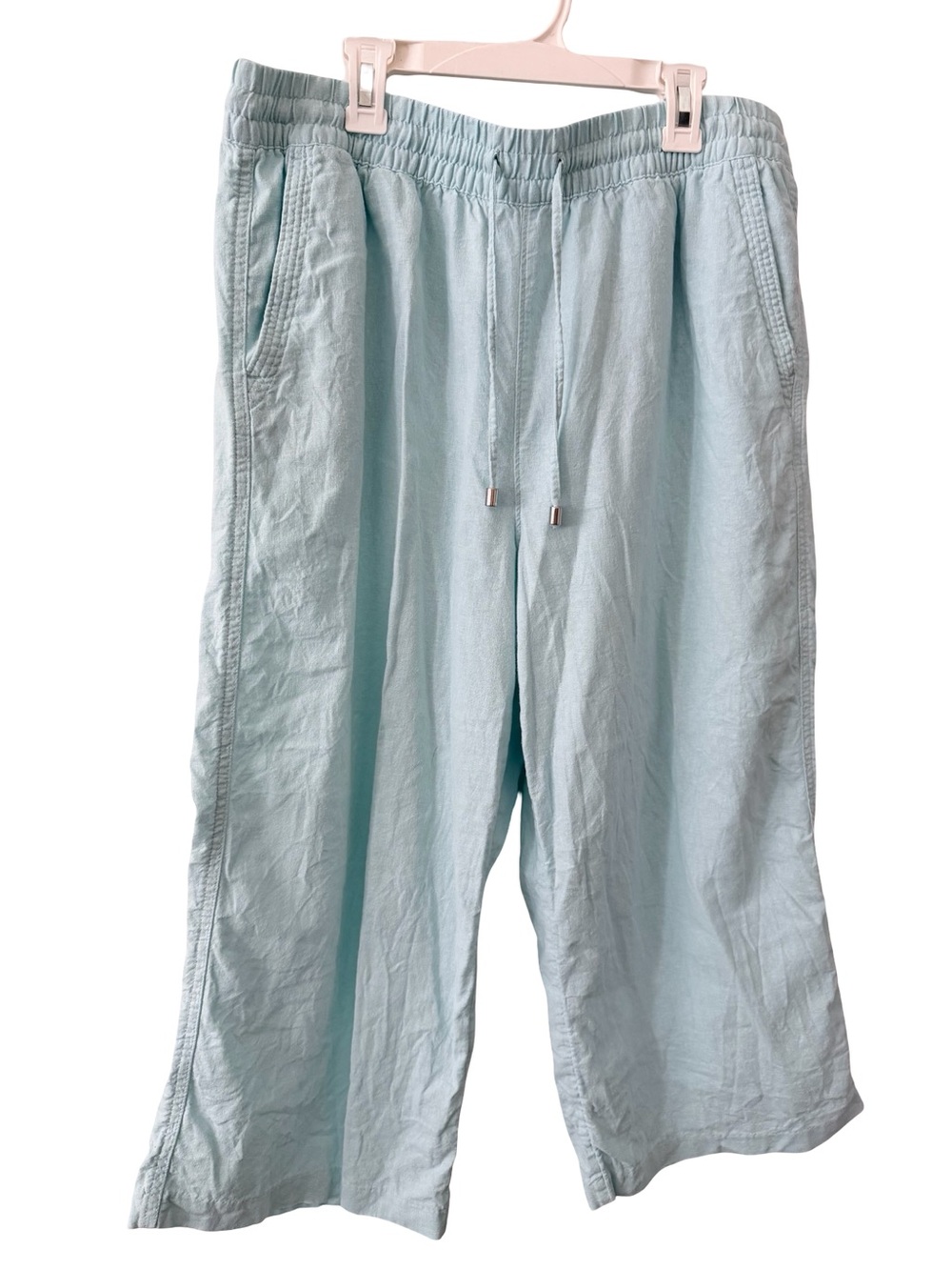 Light Blue Linen Blend Capri Drawstring Pants